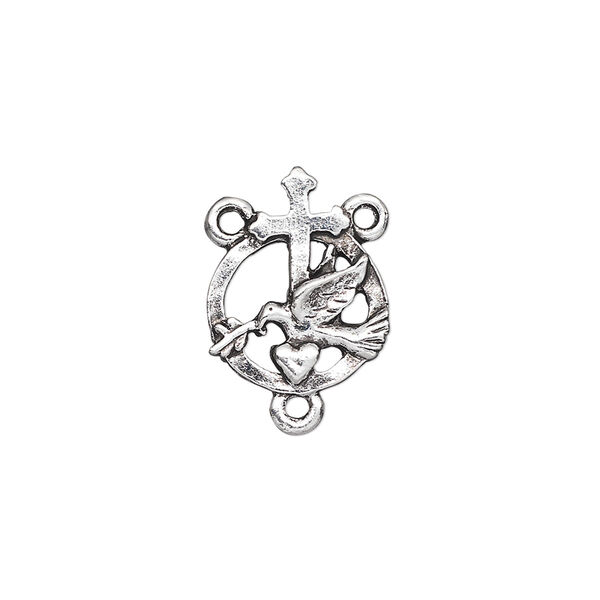 Connector, pewter (tin-based alloy), pkg/1, antique silver plate, 17x13mm open rosary round with cross/heart/dove. image number 0