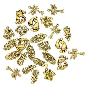 Charm, antique gold-finished "pewter" (zinc-based alloy), 16x9mm-20x10mm single- and double-sided assorted tropical theme. Sold per pkg of 25.