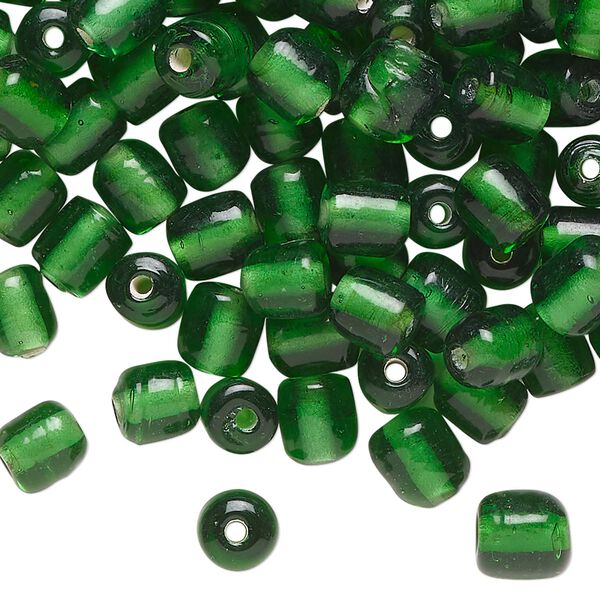 Bead, lampworked glass, translucent emerald green, 7x6mm round tube. Sold per 2-ounce pkg of approximately 60 beads. image number 0