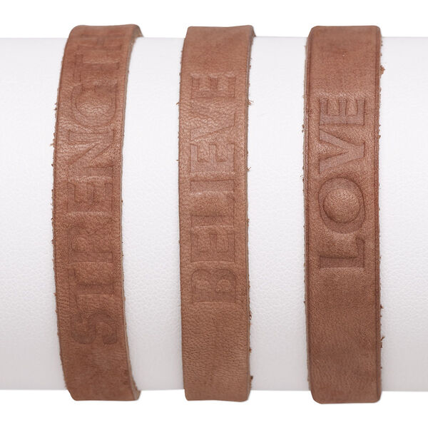 Bracelet, leather (dyed) and waxed cotton cord, brown and dark brown, 10.5mm wide with stamped "Love" / "Believe" / "Strength," adjustable from 6-1/2 to 10 inches with macramé knot closure. Sold per pkg of 3. image number 0