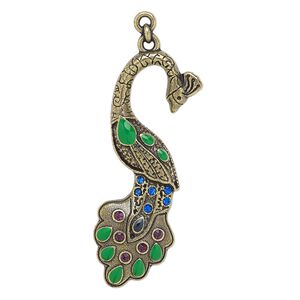 Focal, enamel / glass rhinestone / antique brass-finished "pewter" (zinc-based alloy), multicolored, 56x25mm peacock. Sold individually.