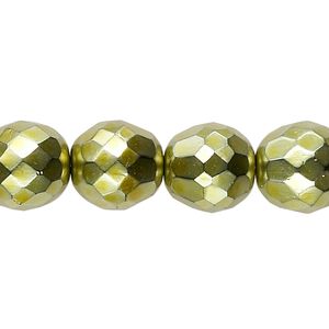 Bead, Czech fire-polished glass, pkg/15-1/2 to 16 inches, 12mm faceted round, opaque light green carmen, (23980-70456).