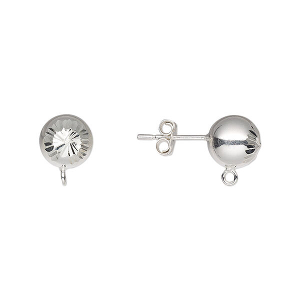 Earstud, sterling silver, 8mm diamond-cut ball with loop. Sold per pair. image number 0