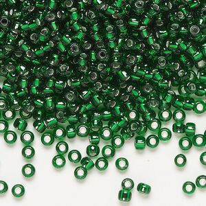 Seed bead, Dyna-Mites™, glass, silver-lined translucent emerald green, #8 round. Sold per 40-gram pkg.