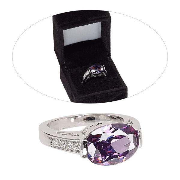 Ring, cubic zirconia and rhodium-finished brass, amethyst purple and clear, 10mm oval with cutout scroll design, size 8. Sold individually. image number 0