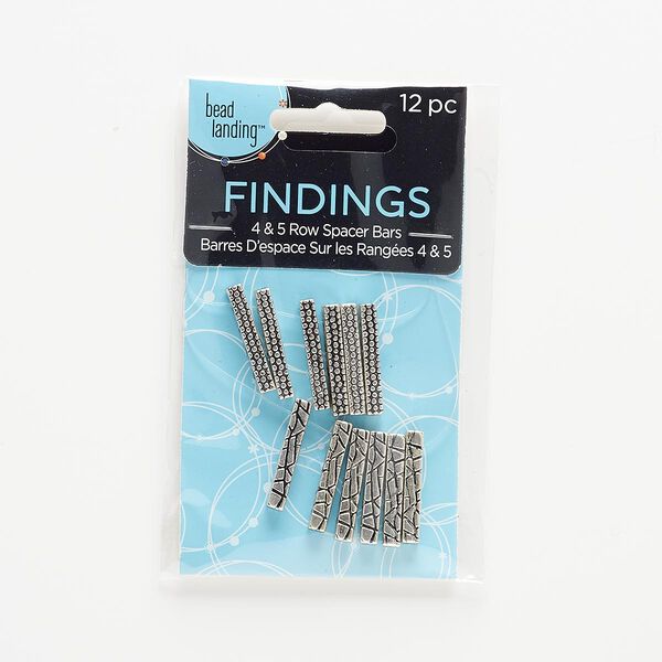 Spacer bar, antiqued silver-finished "pewter" (zinc-based alloy), 24x4mm 4-strand rectangle with dot design and 25x4mm 5-strand rectangle with freeform line design. Sold per pkg of 12. image number 0