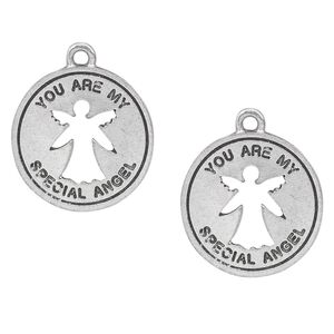 Charm, antiqued pewter (tin-based alloy), 19mm single-sided flat round with angel cutout and "You are my special angel." Sold per pkg of 2.