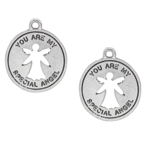 Charm, antiqued pewter (tin-based alloy), 19mm single-sided flat round with angel cutout and "You are my special angel." Sold per pkg of 2. image number 0