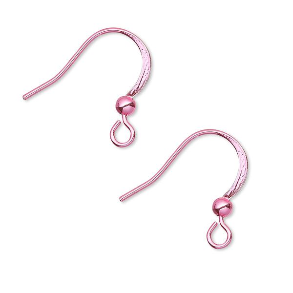 Ear wire, electro-coated brass, pink, 19mm flat fishhook with 3mm ball and open loop, 21 gauge. Sold per pkg of 5 pairs. image number 0