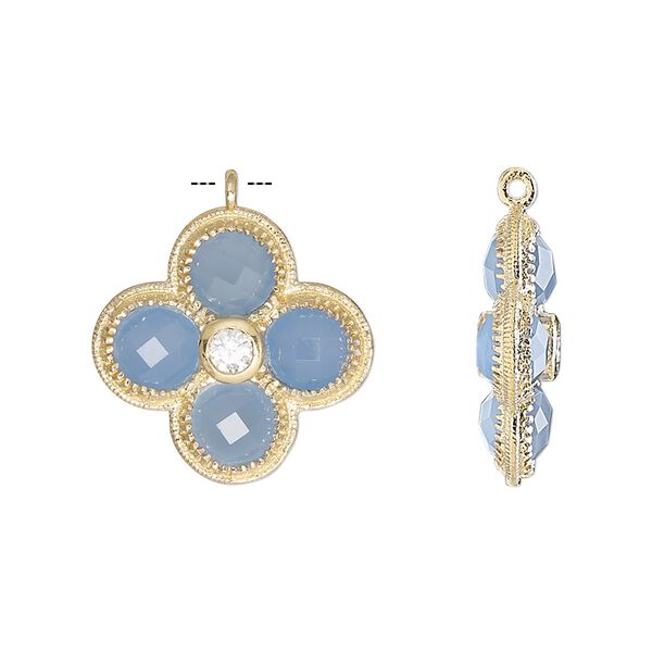Drop, chalcedony (dyed) / cubic zirconia / gold-finished sterling silver, clear and blue, 19mm double-sided faceted flower. Sold individually. image number 0