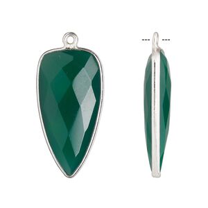 Drop, green onyx (dyed) and sterling silver, green, 27x14mm-28x15mm hand-cut double-sided faceted dagger. Sold individually.