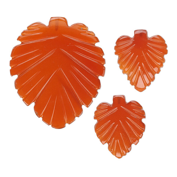 Bead, red agate (dyed), (1) 29x25mm and (2) 15.5x13.5mm top-drilled double-sided carved leaf, B grade, Mohs hardness 6-1/2 to 7. Sold per 3-piece set. image number 0