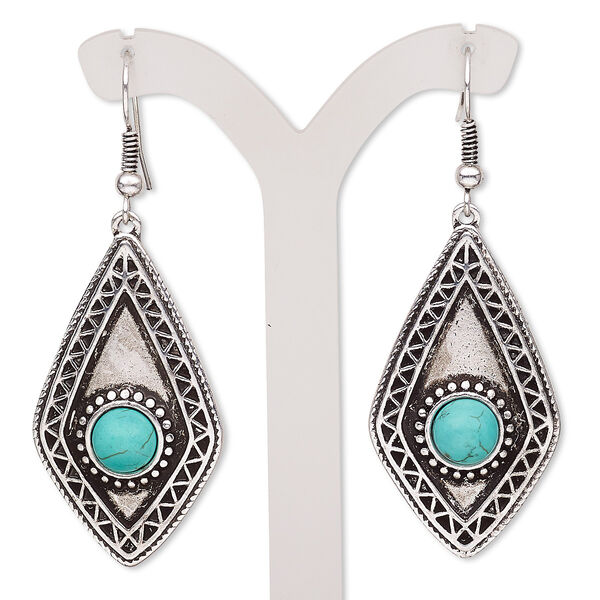 Earring, magnesite (dyed / stabilized) with antique silver-plated brass and "pewter" (zinc-based alloy), blue, 2-3/4 inches with diamond and fishhook ear wire. Sold per pair. image number 0