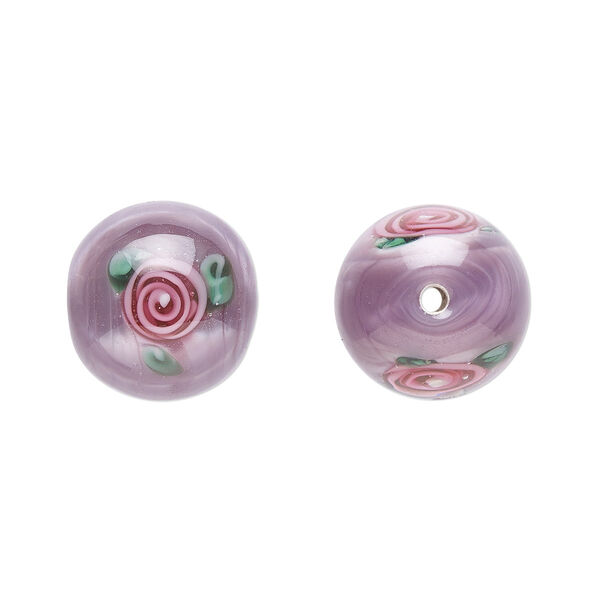 Bead, Czech lampworked glass, opaque purple / pink / green, 12-13mm round with flower design. Sold per pkg of 4. image number 0