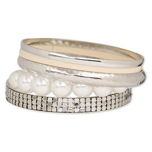 Bracelet, bangle and stretch, enamel / acrylic pearl / imitation rhodium-finished steel, white and peach, 4-10mm wide, 6-1/2 to 8 inches. Sold per 5-piece set.