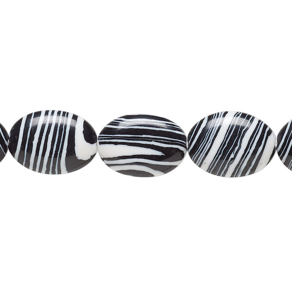 Bead, resin, black and white, 14x10mm flat oval. Sold per 15" to 16" strand. image number 0