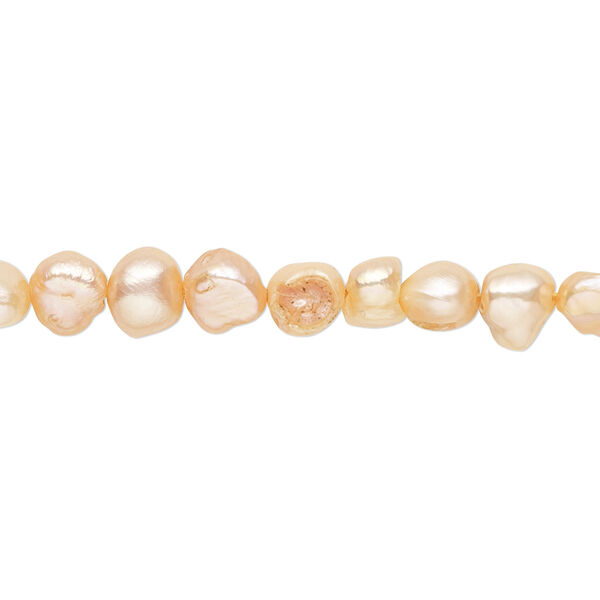 Pearl, cultured freshwater (dyed), peach, 5-6mm flat-sided potato with 0.4-0.6mm hole, C- grade, Mohs hardness 2-1/2 to 4. Sold per 15-inch strand. image number 0