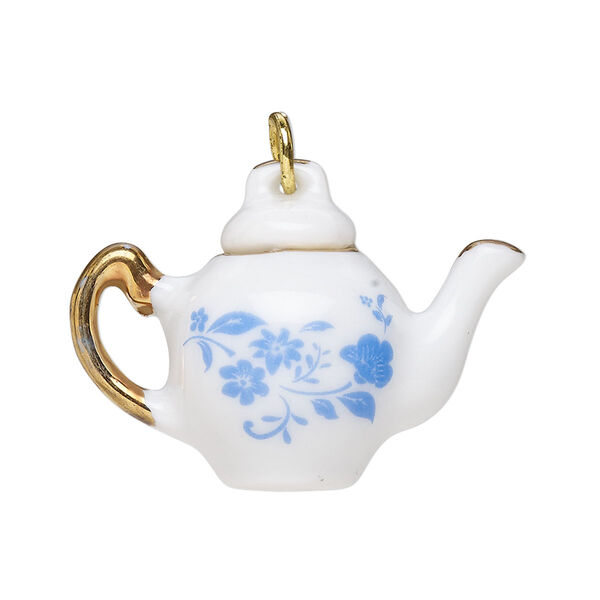 Focal, ceramic and gold-finished steel, gold / white / blue, 33x24mm teapot with floral design and jump ring. Sold per pkg of 2. image number 0