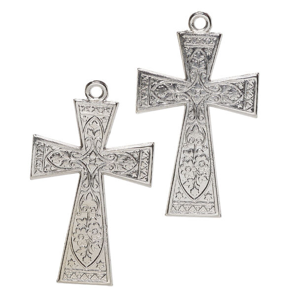 Focal, aluminum, pkg/2, 50x34mm single-sided cross with scroll pattern, silver finish. image number 0