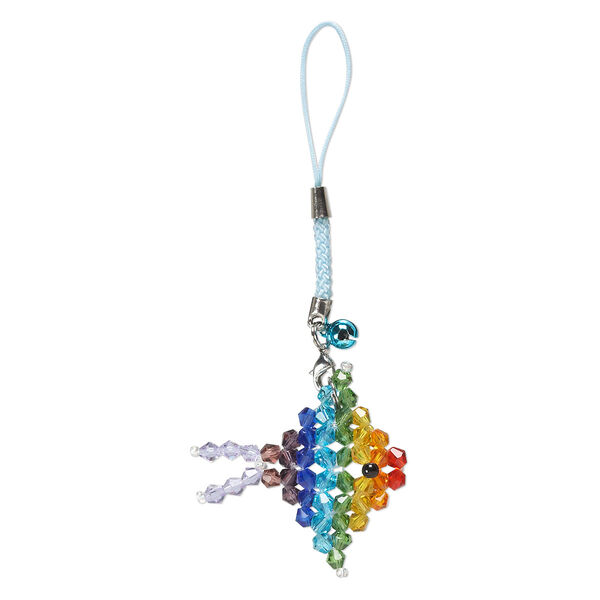 Zipper pull, nylon / glass / steel / aluminum / "pewter" (zinc-based alloy), multicolored, 4-1/2 inches with 6mm bell and 42x42mm fish with lobster claw clasp. Sold individually. image number 0