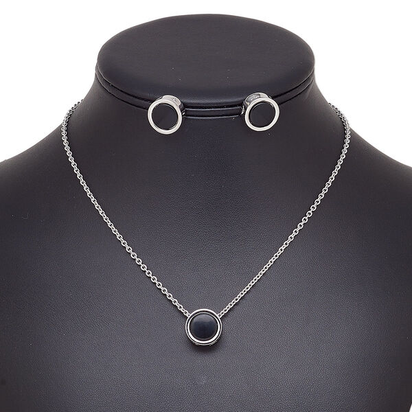 Necklace and earring set, enamel / stainless steel / imitation rhodium-finished brass / steel / "pewter" (zinc-based alloy), black, 14mm round, 15" to 16" necklace with 2-inch extender chain and lobster claw clasp, 14mm round with post. Sold per set. image number 0