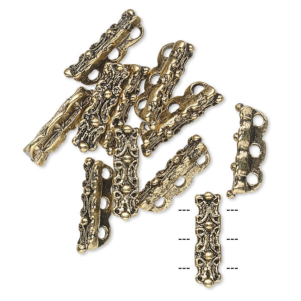 Spacer bar, antique gold-finished "pewter" (zinc-based alloy), 14x4mm 3-strand rectangle, fits up to 4.5mm bead. Sold per pkg of 10. image number 0