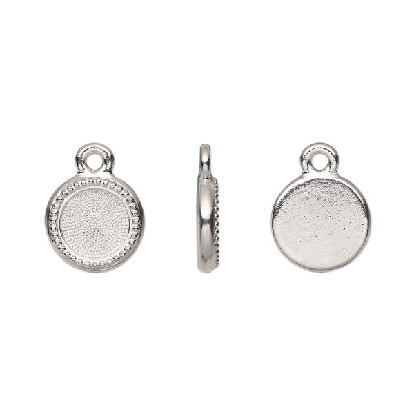 Drop, TierraCast®, Almost Instant Jewelry®, white bronze-plated pewter (tin-based alloy), 10mm round with beaded edge and SS34 round glue-in setting (2088). Sold per pkg of 2. image number 0