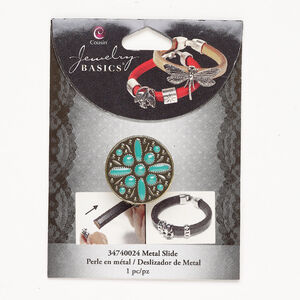 Bead, slider 1pkg1, antique gold-finished "pewter" (zinc alloy) and enamel, turquoise blue, 25mm round.