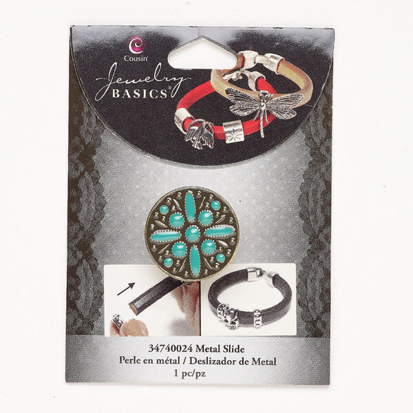 Bead, slider 1pkg1, antique gold-finished "pewter" (zinc alloy) and enamel, turquoise blue, 25mm round. image number 0