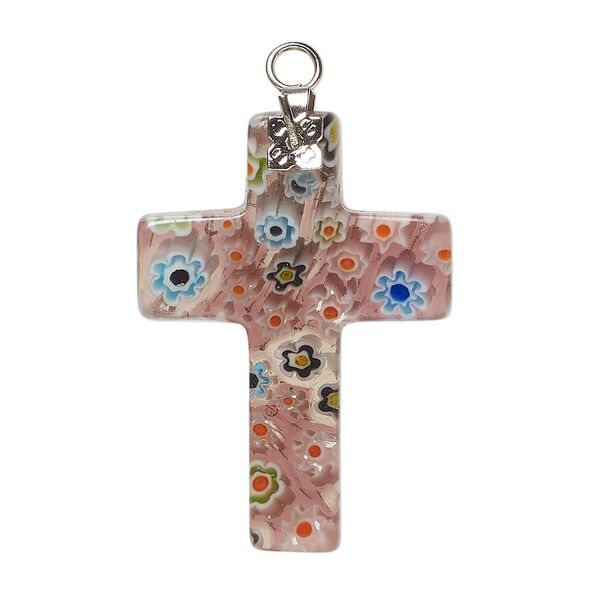Focal, millefiori glass and silver-finished steel 1pkg1, translucent purple and multicolored, 33x23mm-35x25mm cross. image number 0