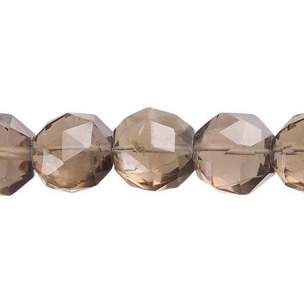 Bead, smoky quartz (heated / irradiated), light-medium, 12-15mm hand-cut faceted puffed flat round, B grade, Mohs hardness 7. Sold per 14-inch strand, approximately 30 beads. image number 0