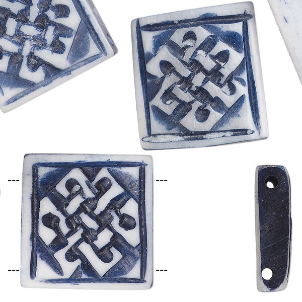 Bead, bone (dyed), denim blue, 19x5mm hand-carved double-drilled single-sided square with knot design, Mohs hardness 2-1/2. Sold per pkg of 8. image number 0