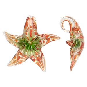 Pendant, lampworked glass, orange / green / clear, 46x42mm single-sided starfish. Sold individually.