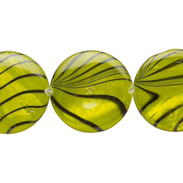 Mother-of-pearl shell 1pkg1, puffed flat round / black stripe bead 15 inch green 19-20mm image number 0