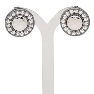 Earring, glass rhinestone / stainless steel / gunmetal- / imitation rhodium-finished brass / "pewter" (zinc-based alloy), clear, 20mm with round and post. Sold per pair.