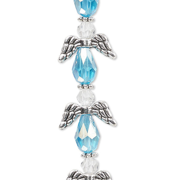 Bead, crystal and antique silver-plated "pewter" (zinc-based alloy), translucent light turquoise blue AB and clear, 17x14mm angel. Sold per pkg of 6. image number 0