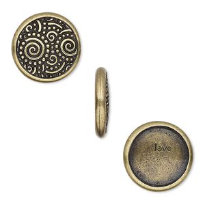 Snap cap, TierraCast®, glue-on, antique brass-plated pewter (tin-based alloy), 15mm single-sided round with swirl design and "love." Sold per pkg of 2.