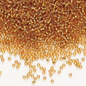 Seed bead, Miyuki, glass, pkg/250g, #15 rocaille, transparent silver-lined marigold (RR-2422).