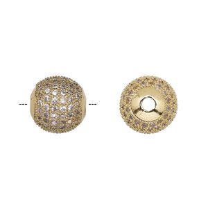 Bead, cubic zirconia and gold-finished brass, clear, 11.5mm textured round. Sold individually.