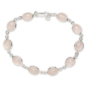 Bracelet, rose quartz (natural) and sterling silver, 10x9mm oval, 8 inches with 1/4 inch extender chain and lobster claw clasp. Sold individually.