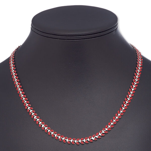 Necklace, epoxy and silver-plated brass, red, 6.5mm wide with wreath design, 18 inches with 2-inch extender chain and lobster claw clasp. Sold individually. image number 0