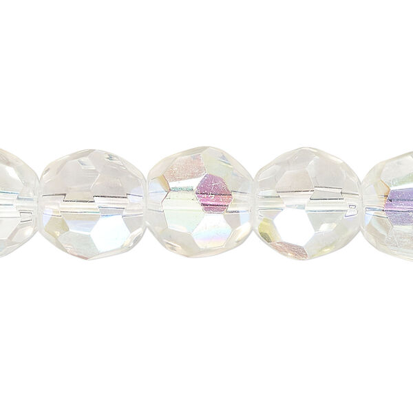 Bead, glass, translucent clear AB, 11-12mm faceted round. Sold per 8-inch strand, approximately 15 beads. image number 0