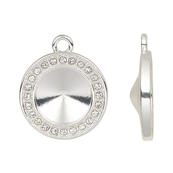 Drop, Almost Instant Jewelry®, cubic zirconia and silver-finished "pewter" (zinc-based alloy), clear, 19.5mm single-sided round with 12mm rivoli glue-in setting. Sold per pkg of 2. image number 0