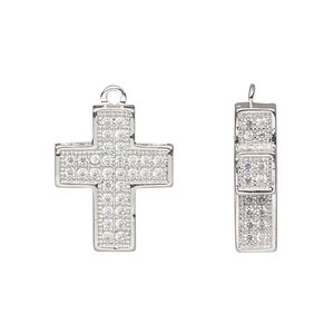 Drop, cubic zirconia and silver-finished brass, clear, 19x15.5mm single-sided cross. Sold individually.