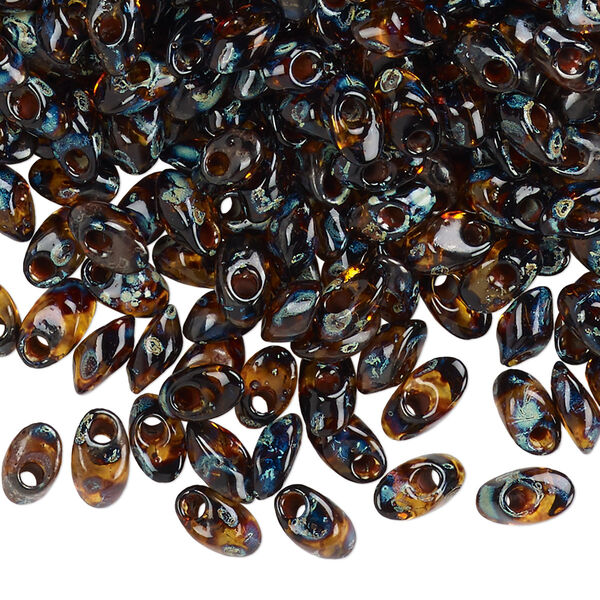 Seed bead, Miyuki, glass, pkg/250g, 7x4mm long magatama, transparent Picasso amber brown, (LMA-4502). image number 0