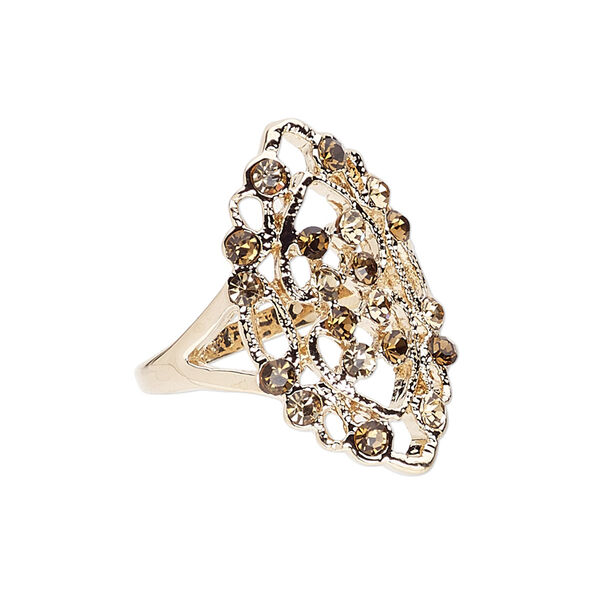 Ring, Czech glass rhinestone and gold-finished "pewter" (zinc-based alloy), light smoky topaz and dark smoky topaz, 28x17mm marquise, size 9. Sold individually. image number 0