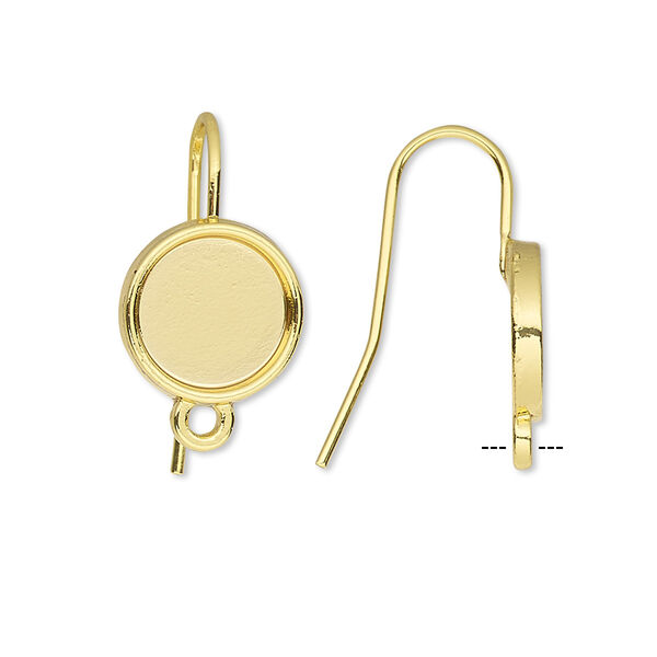 Ear wire, gold-finished brass, 19mm fishhook with 10mm round glue-in setting and closed loop, 18 gauge. Sold per pkg of 5 pairs. image number 0