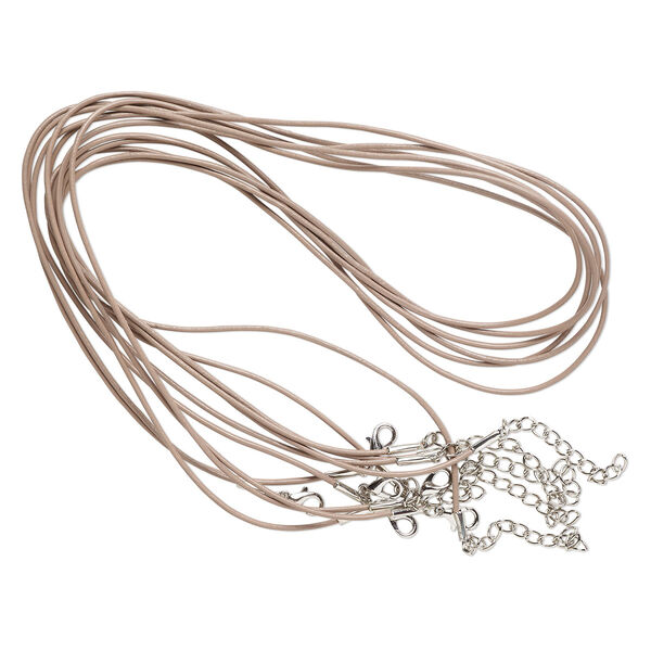 Necklace cord, leather and imitation rhodium-plated brass and steel, taupe, 1.3mm round, 24 inches with 2-inch extender chain and lobster claw clasp. Sold per pkg of 6. image number 0