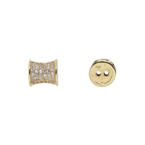 Bead, glass rhinestone and gold-finished brass, clear, 9x8mm pinched cylinder with 2 holes. Sold individually. image number 0