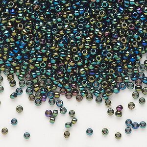 Seed bead, Dyna-Mites™, glass, pkg/40g, #11 round, opaque rainbow black, (748R 11/0 RR).